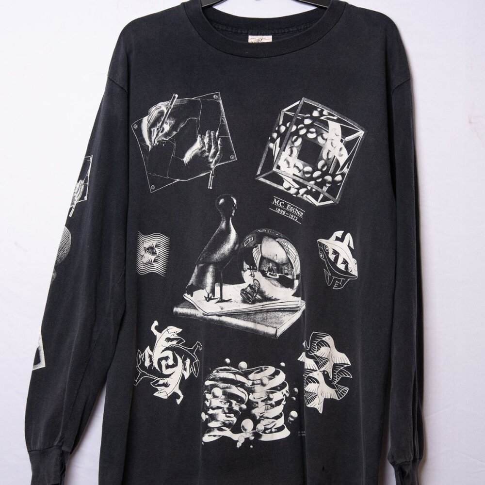Vintage 1991 M.C. Escher Black Long Sleeve Shirt Double Sided Art,